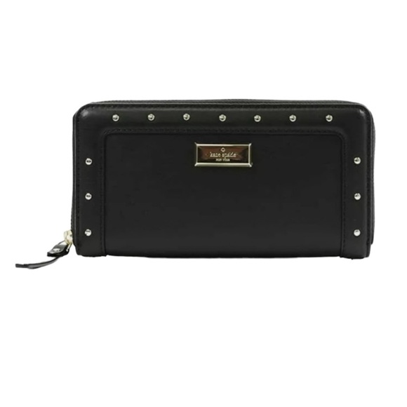 kate spade Handbags - Kate Spade Large Black & Gold Studded Cow Leather Zip Up Wallet